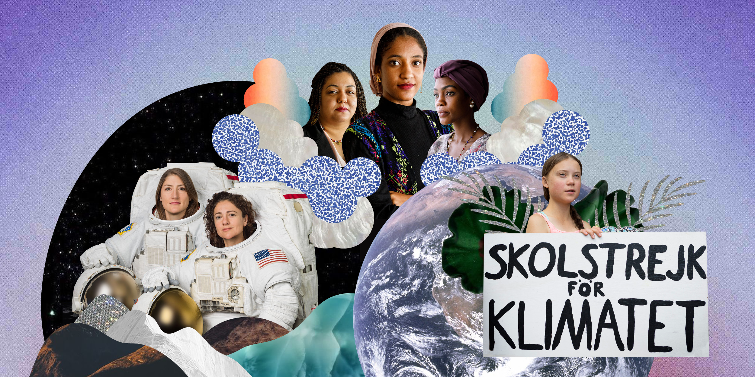 collage of some of the women who defined 2019: Women astronauts, Sudanese activists and Greta Thunberg