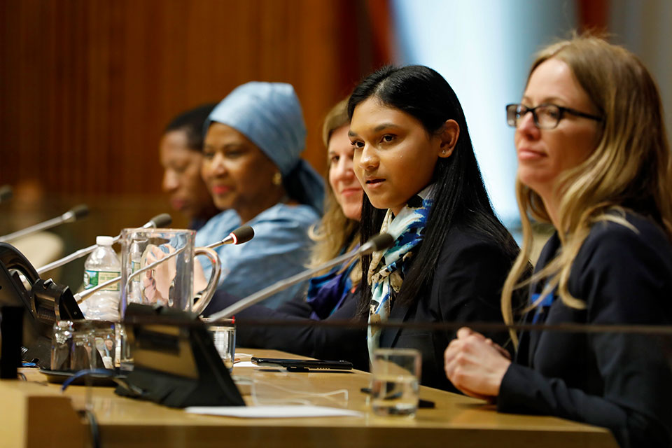 Kiara Nirghin speaks at the official commemoration of International Women's Day at UN Headquarters in New York in March 2019. Photo: UN Women/Ryan Brown
