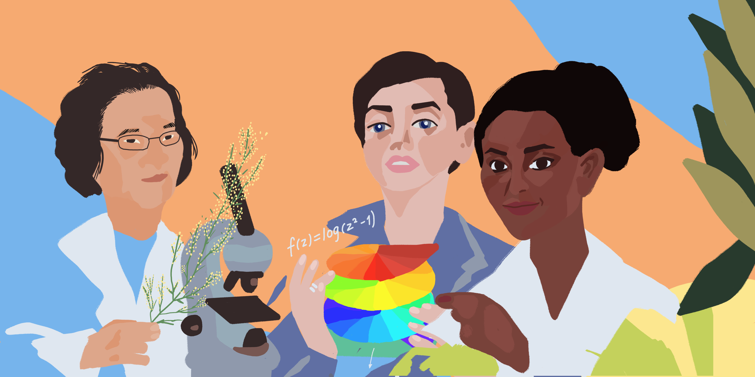 Illustration of women in science Tu Youyou, Maryam Mirzakhani and Segenet Kelemu