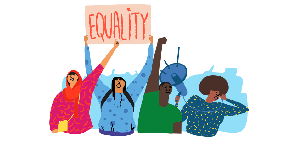 illustration showing activists holding up an 'equality' banner.
