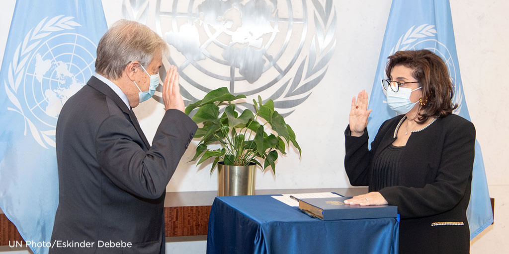 Sima Bahous de Jordania toma juramento como Directora Ejecutiva de ONU Mujeres, miércoles, 6 de octubre de 2021. Foto: UN Photo/Eskinder Debebe.